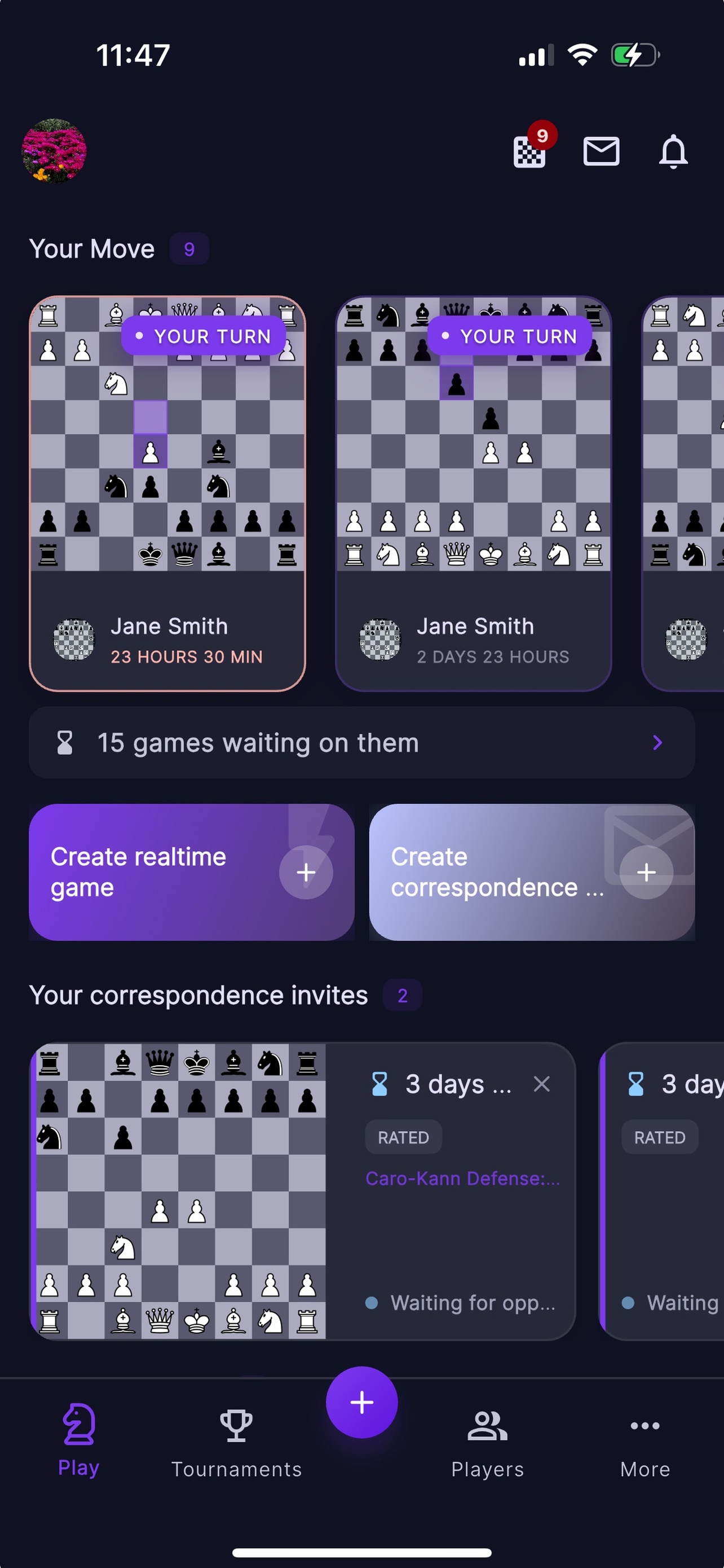 ChessHere mobile app — play dashboard